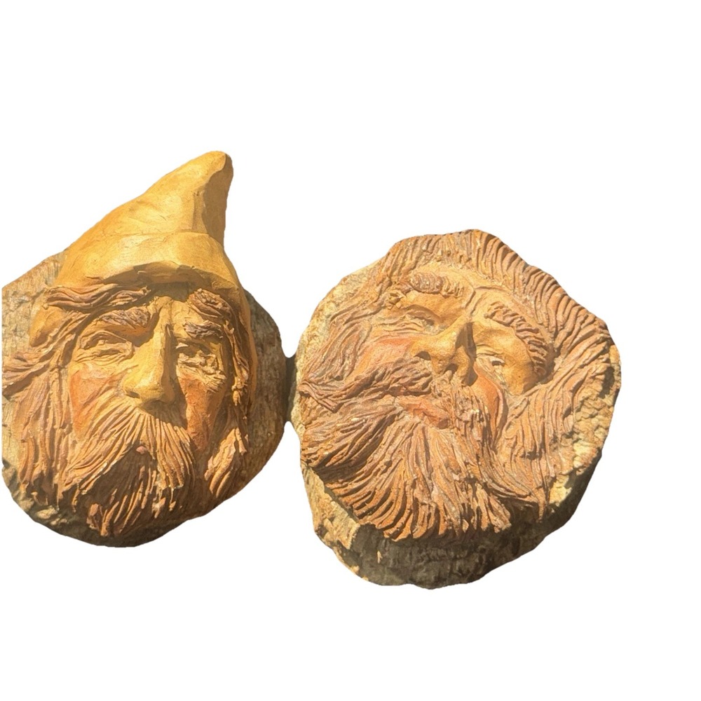 (2) Bearded Man Face Cast Art Trinket Box Wood‎ Look Resin Handcrafted Vintage